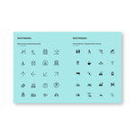 Bright light blue interior book spread featuring a grid of icons under header "Wayfinding" on each page. Each page's icons are in a different graphic style.