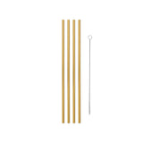 Neatly arranged row of four vertical Gold Porter 10" Straws and one narrow wire brush cleaner with small clear bristles at its end, on a white background.