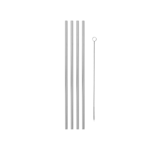 Neatly arranged row of four vertical Silver Porter 10" Straws and one narrow wire brush cleaner with small clear bristles at its end, on a white background.