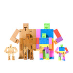 Family of Cubebots in three available sizes, with natural colored options on left and multi-colored options on right.