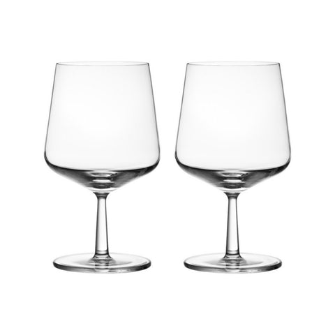Pair of sturdy beer glasses with rounded bottoms, tapered stems and full wide-mouthed tapering bowls. 