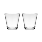 Set of two clear, durable and elegant tumbler glasses with thick flat bottoms and flared sides on a white background.