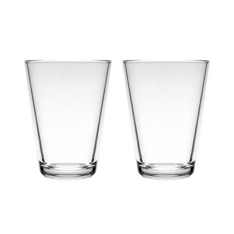 Pair of tall, clear, durable tumbler glasses with flat bottoms and elegant, flared sides on a white background.