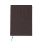 Book cover designed from heavy cardboard covered with dark brown linen embossed with vertical geometric pattern. 