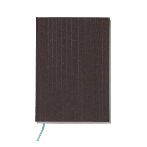Book cover designed from heavy cardboard covered with dark brown linen embossed with vertical geometric pattern. 