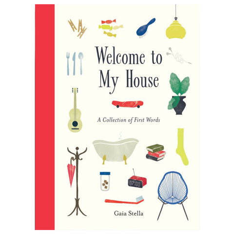 White book cover with red spine and hand illustrated title surrounded by colorfully illustrated home objects