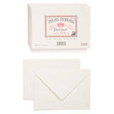 An image of the front and back of a white envelope. Above is an image of a stack of white envelopes. On the top of stack is the Original Crown Mill branded brown and red seal which features a crown and an Old English font.