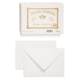 An image of the front and back of a white envelope. Above is an image of a stack of white envelopes. On the top of stack is the Original Crown Mill branded gold seal which features a crown and an Old English font.