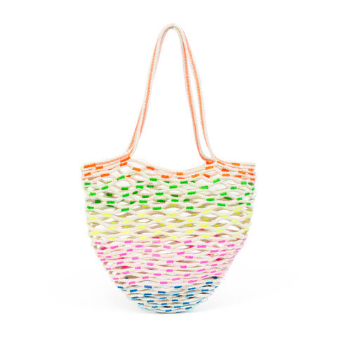 Cotton cord net bag with neon thread detailing throughout.