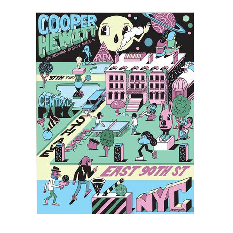 A cartoon print of the Cooper Hewitt's Arthur Ross Terrace rendered in pastels with black accents. Whimsical characters are bustling about the garden, including Jethro Bunny.  "Jeremyville is embossed in the lower right hand corner.