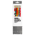 White and black box with dynamic angular pattern. Window in box shows six colorfully patterned pencils
