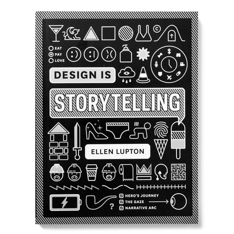 Book cover with white black and gray computer icon-like illustrations of the books design themes inside a cross hatched black and white border all surrounding the title in cross hatched comic-like speech bubble