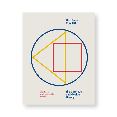 Beige book cover with a red square bisected with a yellow triangle surrounded by a blue circle