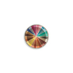 Round hemp paper textured button  featuring a color wheel with tiny color names in french around the outer edge.