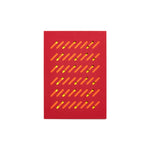 Red greeting card with geometric cutouts: angled orange lines with yellow circles at some ends.