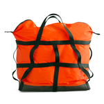 Large orange colored nylon bag with lattice webbing detail and durable vinyl base