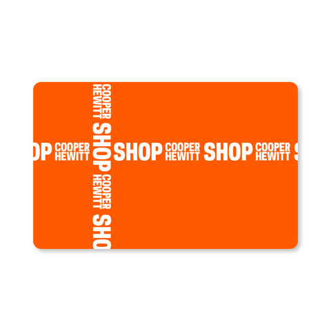 Orange, rectangular card with rounded corners. Repeated SHOP Cooper Hewitt logos cross the card horizontally and vertically, as if it were wrapped with ribbon.