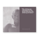 Interior spread showing quote "My clothes are canvases for the body that you can dress up or down" and a photograph of the bust of a dark skinned short haired figure