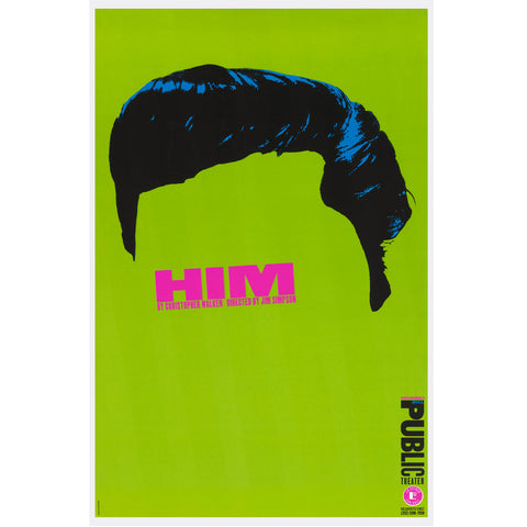 Rectangle poster features a minimalistic image of short black hair in the style of  Elvis Presley over the salad-green background. The title "HIM" is placed slightly lower the center using a bold pink font.