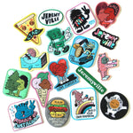 The entire set of Jeremyville patches spread out across a white background.