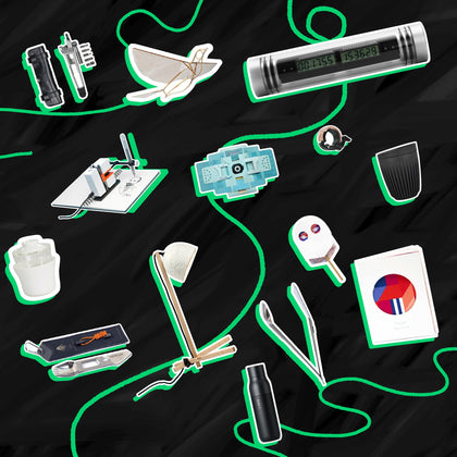 On a black background, a collection of different products are each outlined in white and highlighted with a bright green drop shadow, and are connected by a weaving green line.