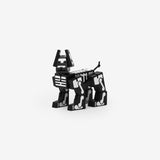 Articulated wooden dog toy, painted black with white skeleton bones.