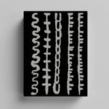 Black book cover with the word "STUFF" handwritten in white, multiple times, stacked so the repeated letters connect.