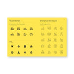 Yellow interior book spread featuring a grid of icons on each page. Left page header reads "Transportation," right page header reads "Internet and Technology." Each page's icons are in a different graphic style.