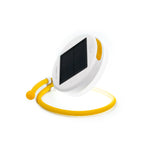 Disk-shaped solar panel light with white casing and a flexible, looped, yellow arm.