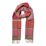 Red patterned scarf with fringes on a white background