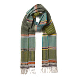 Green plaid scarf with colorful patterns on a white background