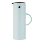 Cylindrical, Soft Sky Blue vacuum jug with a thin, semi-circle handle, a black lid with a beak-shaped pour spout, and a black button "eye."