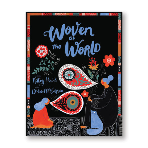 Black book cover with lyrical, folk-art-inspired illustration in red, white, and blue hues, of a child and a woman in conversation. Title text in blue, hand-drawn script above.