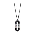 Black minimalistic ring chain with an oval centerpiece assembled form four parts: two black matt metal U-shaped elements interconnected with two clear tubes filled with onyx and reflective glass spheres.  