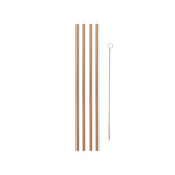 Neatly arranged row of four vertical Copper Porter 10" Straws and one narrow wire brush cleaner with small clear bristles at its end, on a white background.