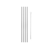 Neatly arranged row of four vertical Silver Porter 10" Straws and one narrow wire brush cleaner with small clear bristles at its end, on a white background.