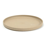 3/4 view of a round, tan plate on a white background. The color and texture is like pressed sand. Plate has straight sides with a lip protruding above the flat surface.