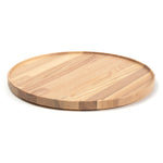 3/4 view of a round wooden tray on a white background. Striations in wood vary from light to medium. Tray has straight sides with a lip protruding above the flat surface.