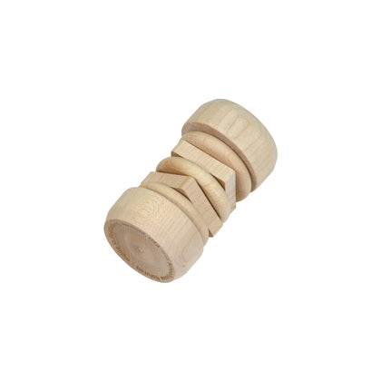 Spinning toy assembled of natural wooden circular and square disks.  
