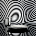 Side view of the creamer and circular dish on a flat, reflective surface, the wall behind them is black and white striped with a funhouse curviness. The Creamer and Dish reflect each other and the striped background.