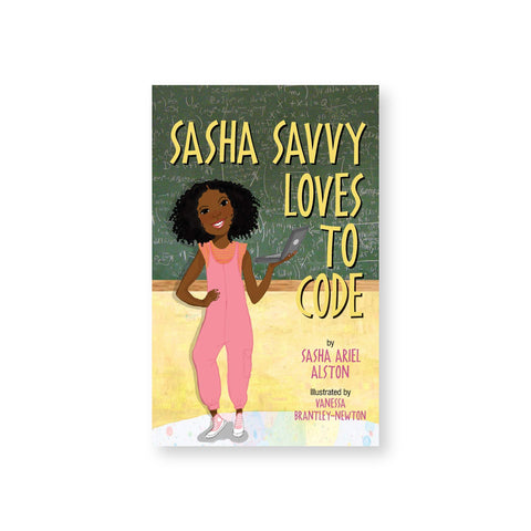 Book cover with illustration of a dark skinned figure in a pink romper with curly dark hair holding a gray laptop computer standing in front a green chalkboard covered in white mathematical notations. Title in yellow font in upper right