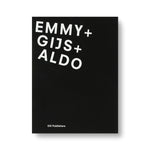 Black book cover with the words "Emmy + Gijs + Aldo" in white sans serif font slightly fanned in upper left corner