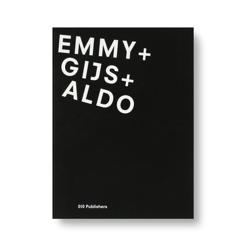 Black book cover with the words "Emmy + Gijs + Aldo" in white sans serif font slightly fanned in upper left corner