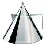 Side view of mirror-polished, triangle-shaped kettle with beak-shaped spout, sphere topper, and u-shaped handle.