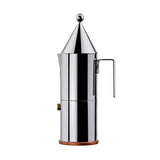 Side view of cylindrical, mirror-polished, espresso coffee maker with cone-shaped lid topped with a sphere and u-shaped handle on white background.
