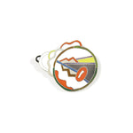 A silver brooch with a colorful abstract circular graphics on the surface.