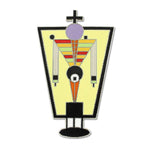 A pin with a futuristic representation of a man from assembled from brightly colored geometrical figures.  