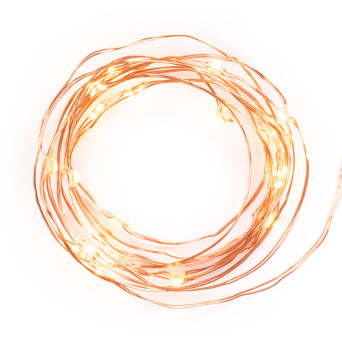 Spool of Copper String Lights in on position over white background. 