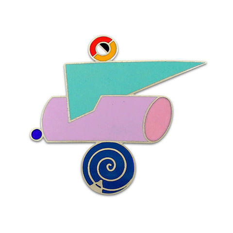 A silver pin shaped in abstract geometrical motif and decorated with blue, pink, orange, green and red enamel. 