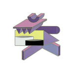 A brooch with an abstract combination of purple, yellow and black geometrical froms. 